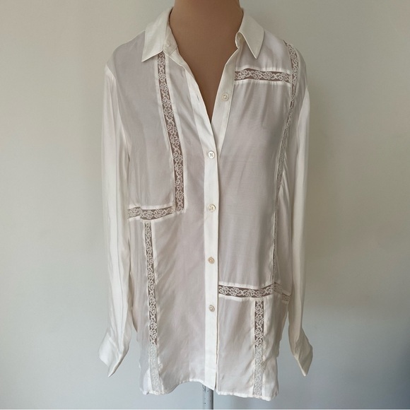 Rails White Sands Silky Cupro Blend Mona Lace Inset Tunic Blouse Button Down S - Picture 5 of 12
